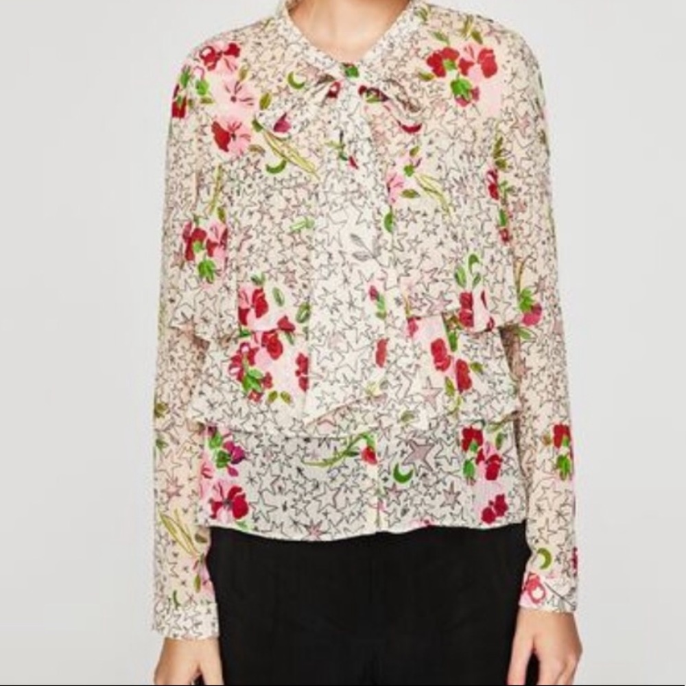 NWT ZARA Star Print Ivory Pussybow Top - Picture 3 of 4